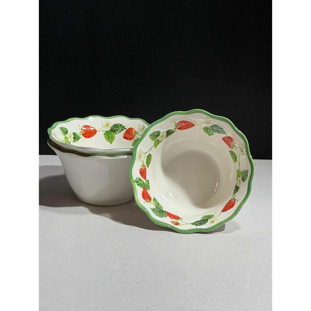 Set of 3 Primrose Strawberry Fields Melamine Scalloped Rim Bowls White Green‎